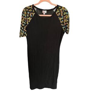 Lularoe Julia knee length dress 1/4 sleeve scoop neck black colorful geometric S